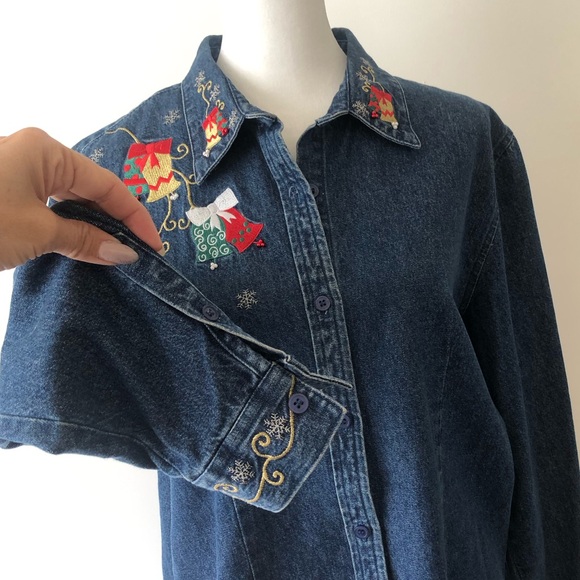 Westbound Denim Christmas Holiday Button Up Embroidered and Bead detail size L - Picture 3 of 14